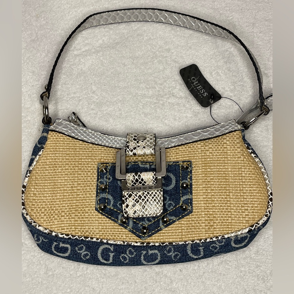 Guess Small Hobo Bag Purse‎ Blue Jean Denim Straw Studded Buckle Closure Y2K